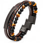 Premium Men’s Bracelet | Leather Bracelet for Men | Beaded Bracelets Black Onyx & Tiger-Eye Beads | Brown Leather Jewelry with Adjustable Stainless-Steel Clasp | Gift Dad Husband Son Boyfriend - color: Brown/Black