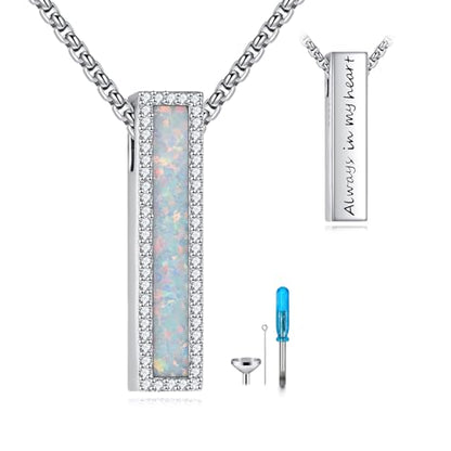 Cremation Urn Necklaces for Ashes Sterling Silver 3D Vertical Bar Memorial Pendant for Loved Ones Keepsake Cremation Jewelry Gifts for Women Men - style: Opal
