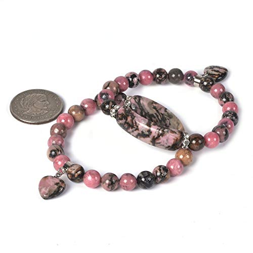 Justinstones Gem Semi Precious Gemstone Love Heart Charm Stretch Beaded Bracelet Unisex - color: Rhodonite