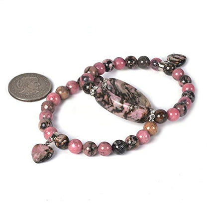 Justinstones Gem Semi Precious Gemstone Love Heart Charm Stretch Beaded Bracelet Unisex - color: Rhodonite