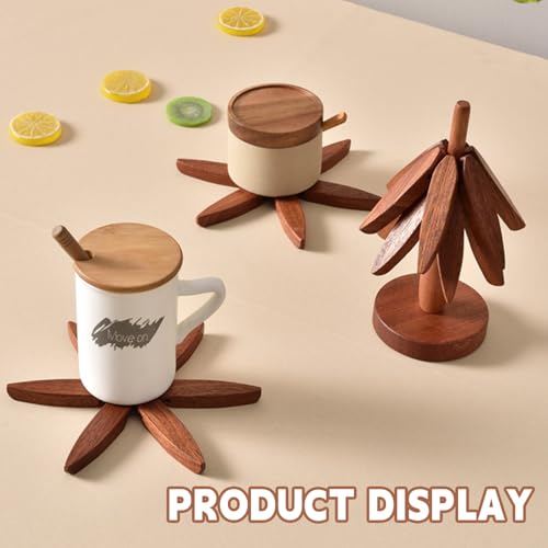 Natural Foldable Black Walnut Wooden Trivet Set - 4 Trivets + 1 Stand for Hot Dishes, Pot, Bowl, Teapot, Hot Pot Holders (Black) - color: Black