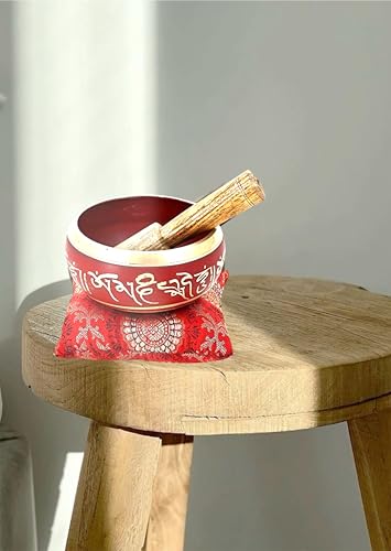 Ajuny Tibetan Singing Bowl Set Handmade Brass Sound Bowl for Meditation Yoga Chakra Healing Stress Relief Spiritual Mindfulness Authentic Unique Spiritual Gifts for Men & Women (Red)