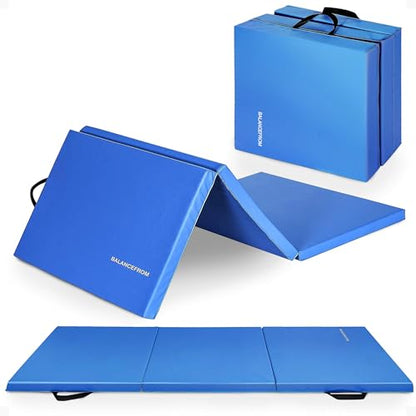 BalanceFrom 6x2 Feet 3-Panel Folding Gymnastics Mat – 2-Inch Thick Pad with Vinyl Surface and Carrying Handles for Tumbling, Yoga, Pilates, Home Workouts, and Martial Arts - color: Blue2