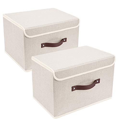 Collapsible Storage Boxes, Washable Fabric Storage Bins with Lids, 14.9x9.8x9.8 inches, 2 Pack, Beige - color: Beige, size: 2-pcs 14.9x9.8x9.8 in
