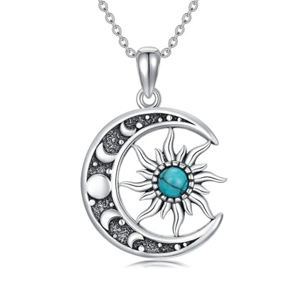 Sun and Moon Necklace 925 Sterling Silver Sun Moon Pendant Gemstone Jewelry Gifts for Women - style: Turquoise