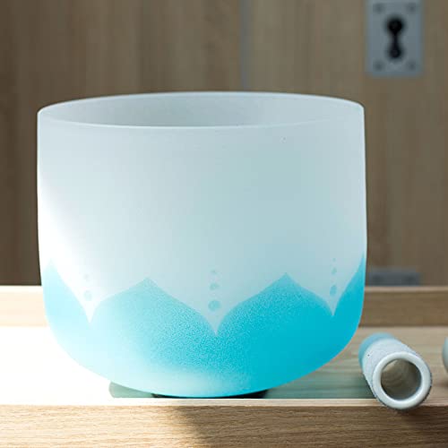 Leize Blue Lotus Design Crystal Singing Bowl G Note Throat Chakra Blue 8" with Heavy Duty Carrying Case Suede Striker - color: lotus design, size: 8" G Note