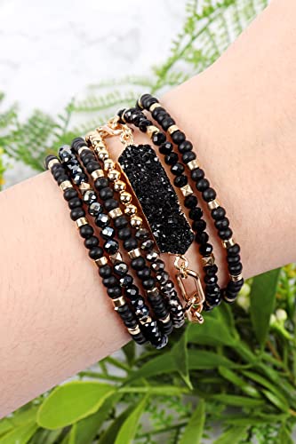 RIAH FASHION Bohemian Acrylic Druzy Multi-Layer Bead Statement Bracelet - Versatile Faux Stone Pendant Stretch Strand Stackable Cuff Bangle Set Sparkly Crystal - color: Hexa Druzy Wood Mix - Black