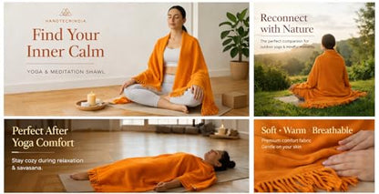 Wool Meditation Shawl Soft Large Pashmina Stole, Indian Prayer Blanket for Yoga, Travel & Meditation, Tibetan Style, Yellow