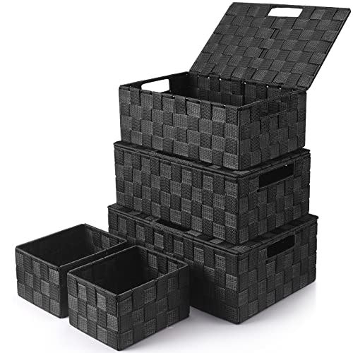 Storage Bins Baskets for Organizing with Lids, Storage Baskets for Shelves Stackable Woven Basket, Gift Small Basket Storage Cubes, Decorative Wicker Basket with Built-in Handles (5 Pack, Black) - color: Black, size: 5pack with Lids