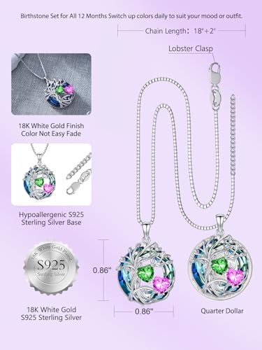 TOUPOP s925 Sterling Silver Family Celtic Tree of Life Pendant Necklaces with 2 Heart Birthstone with Blue Austrian Crystal Jewelry Birthday Valentines Day Gifts for Her, Anniversary Christmas Gifts for Wife Girlfriend Mom (18K Real White Gold Filled) - c