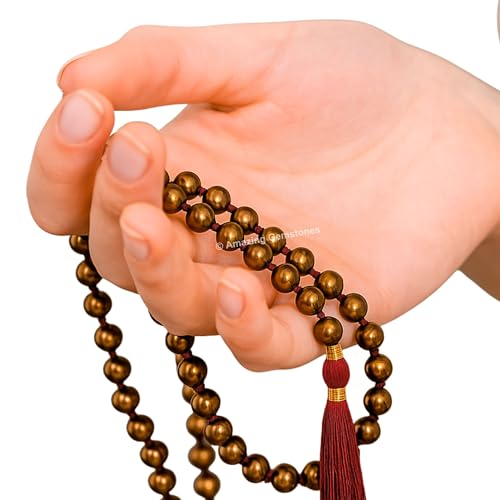 Amazing Gemstone Japa Mala 108 Prayer Beads Necklace and Wrist Mala Bracelet for Meditation - color: Copper Hematite, size: Hand Knotted