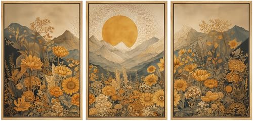 wall26 Framed Print Wall Art Set Boho Sunflower Mountain Vintage Yellow Floral and LandscapeDecorative Minimal Relax/Zen for Living Room, Bedroom, Office - 16"x24"x3 NATURAL - color: A18-2604-M09, size: 16" x 24" x 3 Panels NATURAL