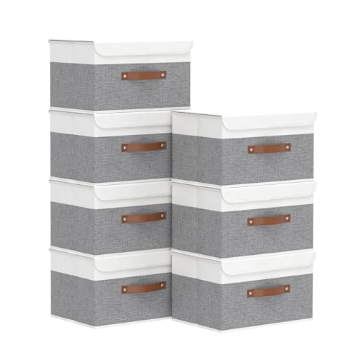 Yawinhe Collapsible Storage Bin, Cube Organizer Basket, Fabric Box with Lids, Washable and Leather Handle, for Home, Closet, White/Grey, 13.0''Lx9.0''Wx7.9''H, 7-Pack, SNK024WGS-7 - color: White/Grey, size: M/(7 Pack)
