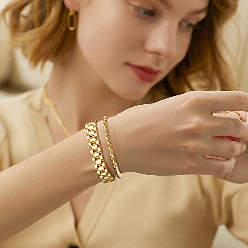 MPRAINBOW 2pcs 18K Gold Plated Chain Link Bracelet, Stainless Steel Crystal Friendship Bracelets Bangle,Watch Band Chains Wristband Jewelry with Adjust Tool - color: Gold-set B