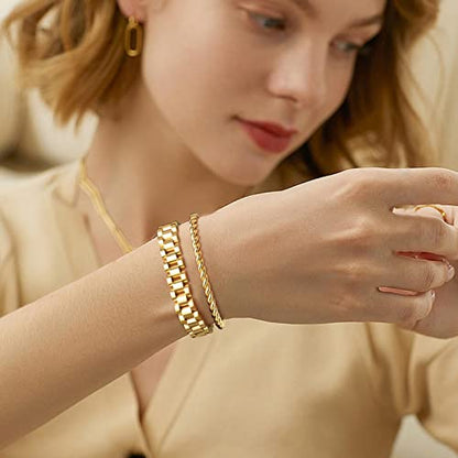 MPRAINBOW 2pcs 18K Gold Plated Chain Link Bracelet, Stainless Steel Crystal Friendship Bracelets Bangle,Watch Band Chains Wristband Jewelry with Adjust Tool - color: Gold-set B