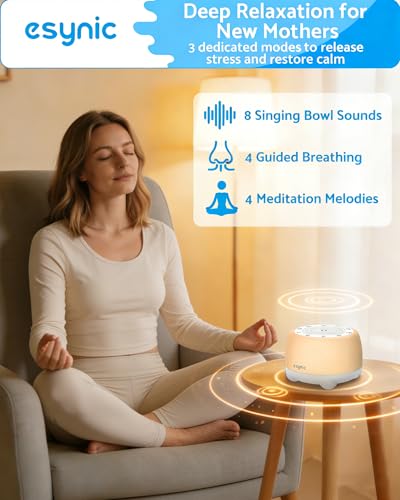eSynic Rechargeable Tibetan Singing Bowl for Meditation-38 Sounds White Noise Machine with Night Light & 30H Battery-15-90 Timer-Wireless-Sound Healing Device for Yoga Sleep Therapy Stress Relief