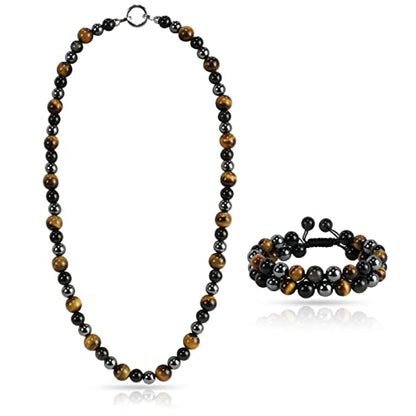 Men Tiger Eye Beaded Necklace Triple Protection Bracelet Jewelry Sets Hematite Black Obsidian Healing Crystal Stone Chakra Necklace for Women