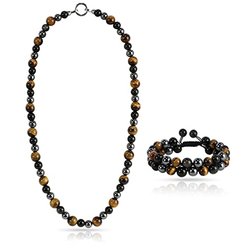 Men Tiger Eye Beaded Necklace Triple Protection Bracelet Jewelry Sets Hematite Black Obsidian Healing Crystal Stone Chakra Necklace for Women