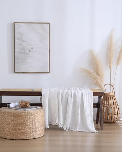 100% Cotton Muslin Throw Blanket for Bed, Couch, Small, Decorative, Soft, Pre-Washed, Breathable and Lightweight Gauze Blanket with Tassels(Off-White, 50"x60") - color: Off White