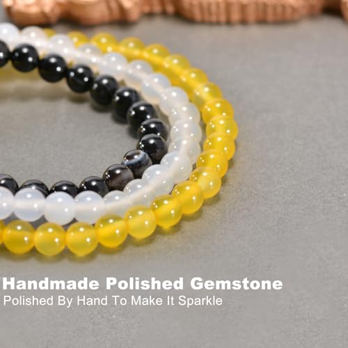 3PCS Agate Bracelet for Women Men Natural Round Beaded Agates Stone Healing Stretch Bracelets Elastic Handmade Polished Gemstone Beads Bracelet - color: Black White+Yellow+White