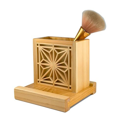 Handmade Hinoki Wood Desk Decor, Japanese Zen Wooden Pen Holder, Handcrafted Office Art, Kumiko Art (red) - color: red