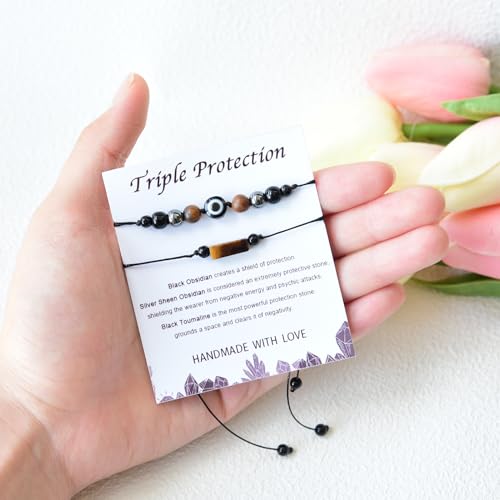 2Pcs Triple Protection Empath Energy Protection Bracelets Black Obsidian and Tiger Eye Evil Eye Carnelian Amethyst Natural Stone Jewelry for Women Men Gifts for Him Her - style: Triple protection style1