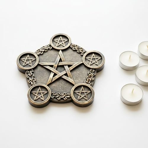 Golden Pentacle Star Tealight Holder, 8.7 In Resin Altar Plate, 5 Sockets, Altar Supplies For Rituals And Home Decor