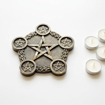 Golden Pentacle Star Tealight Holder, 8.7 In Resin Altar Plate, 5 Sockets, Altar Supplies For Rituals And Home Decor