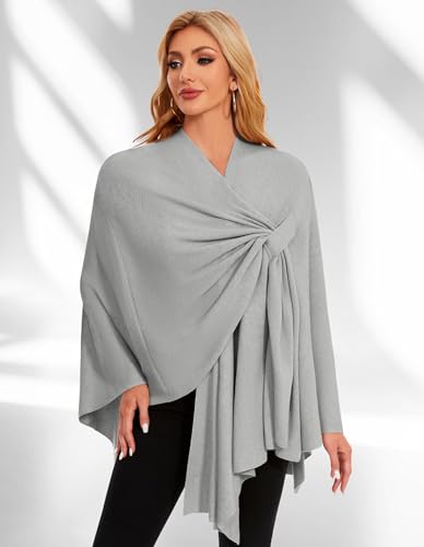 PULI Womens Elegant Cross Front Shawl Wraps Knitted Ponchos Cape Light Weight Poncho Sweater Soft Warm Travel Wraps - color: Grey