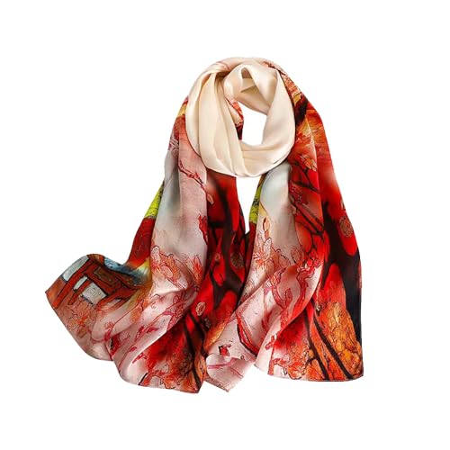 100% Mulberry Silk Long Scarf for Women Large Shawls for Headscarf and Neck- Oblong Hair Wraps with Gift Packed - color: Oil Painting-red