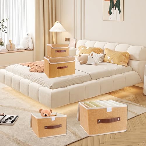 Small Storage Bin with Lid Storage Boxes,Collapsible Linen Storage Basket Container with Lid Storage Cube for Organizing Closets(Light brown)