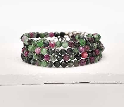Crystal Bracelet for Women, Natural 4mm Faceted Beads Adjustable Bracelet, Small Beaded Healing Gemstone Bracelet - color: Ruby in Zoisite