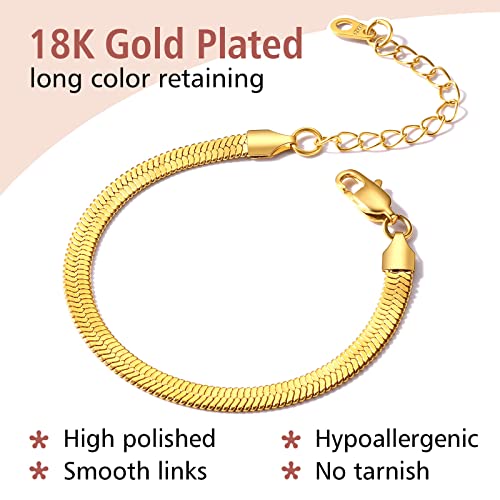 FindChic Elegant Herringbone Snake Chain Anklets/Bracelets 3MM/5MM Width Stainless Steel/18K Gold/Rose Gold Plated/Black 4 Color Options, 8.3'' 8.5'' 10.5'' Length, with Gift Box - color: B: 5mm 6.3'' bracelet (Gold Plated)