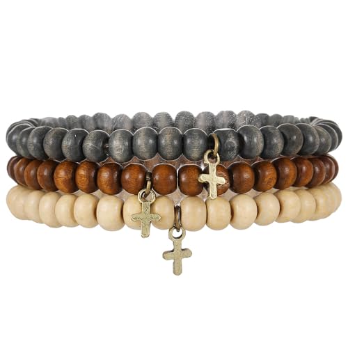 Puka Shell Bracelet for Men Wooden Bracelets Turquoise Stack Beaded Minimalist Trendy Jewelry for Friend Gift - style: 3pcs-Cross