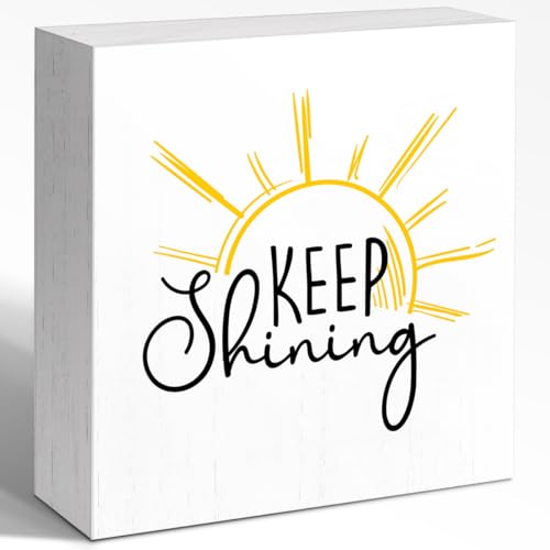 Wooden Box Sign "Keep Shining" 5x5x1 INCH, Inspirational Quote Decor, Uplifting Message Plaque, Rustic Encouragement Sign for Office Desk, Teacher Gift Idea Motivational Display - style: Keep Shining