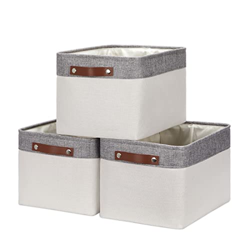 HNZIGE Large Storage Baskets for Shelves(3 Pack) Fabric Storage Toy Baskets with Handles, Decorative Foldable Storage Bins for Organizing (Gray&White-Leather Handles, 15"x11"x9.5") - color: grey&white, size: 15*11*9.5 in-3 Pack