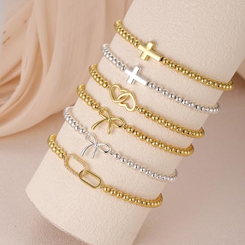 Gold Bracelets for Women, Cute 14K Gold/Silver Plated Stretch Beaded Bracelets for Women Trendy Stackable Charm Bracelet Dainty Adjustable Waterproof Non Tarnish Jewelry Gifts for Her - color: square
