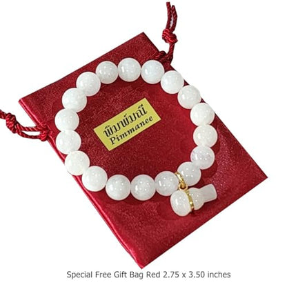 White Jade Bracelet for Meditation & Mindfulness – Calming Energy Jewelry for Women – Gift Set with Red Pouch.