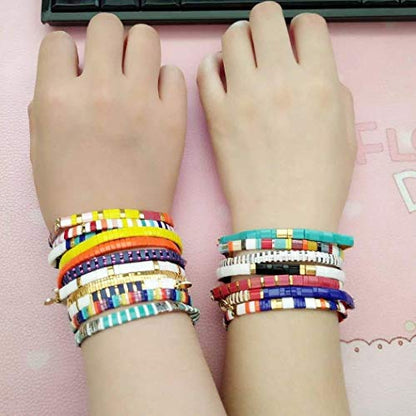 Summer Candy Colors Tila Flat Seed Beads Stretch Strand Bracelet for Women- Trendy Unique Friendship Handmade Mixed Colorful Square Beaded Link Bracelets Stackable Jewelry Gifts - color: 0080Q