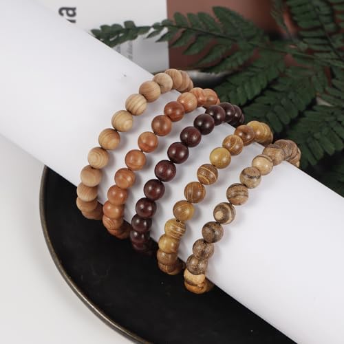 5Pcs Sandalwood Stretch Bracelets for Women Men with Hematite Stone Cross Mala Beads - color: A