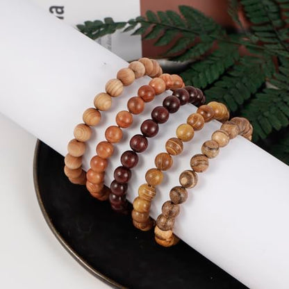 5Pcs Sandalwood Stretch Bracelets for Women Men with Hematite Stone Cross Mala Beads - color: A