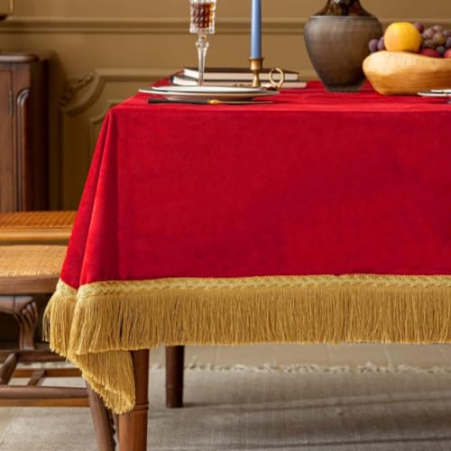 F-CHU Luxury Red Tablecloth Thickset Velvet Tablecloth with Beautiful Gold Tassels Vintage Table Cloth for Home Decor Wedding, Party, Banquet and Events 60x70-Inch - color: Red, size: 70" x 60" (Rectangular)
