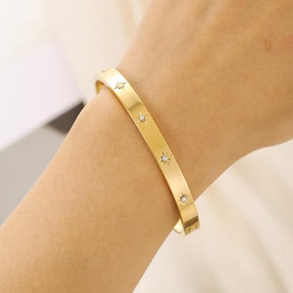 Gold Bangle for Women - 18K Gold Plated Stainless Steel Love Friendship Crystal Bracelets with Cubic Zirconia - color: Snowflake Bangle - GOLD