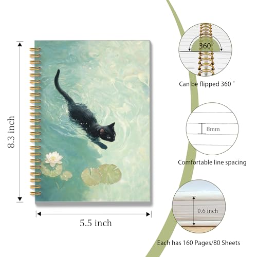 ROXMART Whimsical Funny Black Cat Spiral Notebook Journal, Cat Lover Mom Lady Owner Gifts, Cute Black Kitty Kitten in Water Lily Pond Hardcover Notebook Journal, 5.5x8.3 Inch - color: Style05