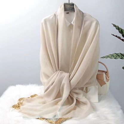 Luxury Cashmere Pashmina Style Shawl - Silk & Wool Blend Scarf, Lightweight Skin-Friendly Wrap - color: Gingham. - Light Camel