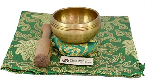 NHZ Meditation Yoga Singing Bowl Set With Mallet, Cushion & Brocade Bag - For Meditation, Chakra Healing, Prayer,Yoga, and Mindfulness (3 Inch Green) - color: Green