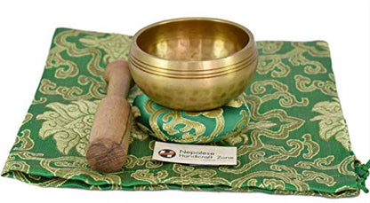 NHZ Meditation Yoga Singing Bowl Set With Mallet, Cushion & Brocade Bag - For Meditation, Chakra Healing, Prayer,Yoga, and Mindfulness (3 Inch Green) - color: Green