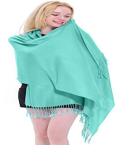 CJ Apparel Solid Color Tassels Design Nepalese Shawl Scarf Wrap Stole Throw Head Wrap Pashmina Gift Hand Made in Nepal New - color: Cyan
