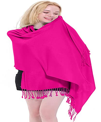 CJ Apparel Solid Color Tassels Design Nepalese Shawl Scarf Wrap Stole Throw Head Wrap Pashmina Gift Hand Made in Nepal New - color: Bright Pink