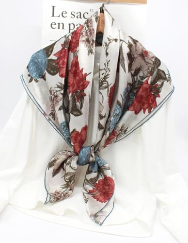 ANDANTINO 100% Silk Scarf 43" Large Square Lightweight Headscarf& Shawl–Women Hair Wraps-With Gift Packed - color: Flowers-white